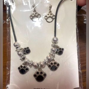 New Paw print charms in silver necklace with matching pierced earrings